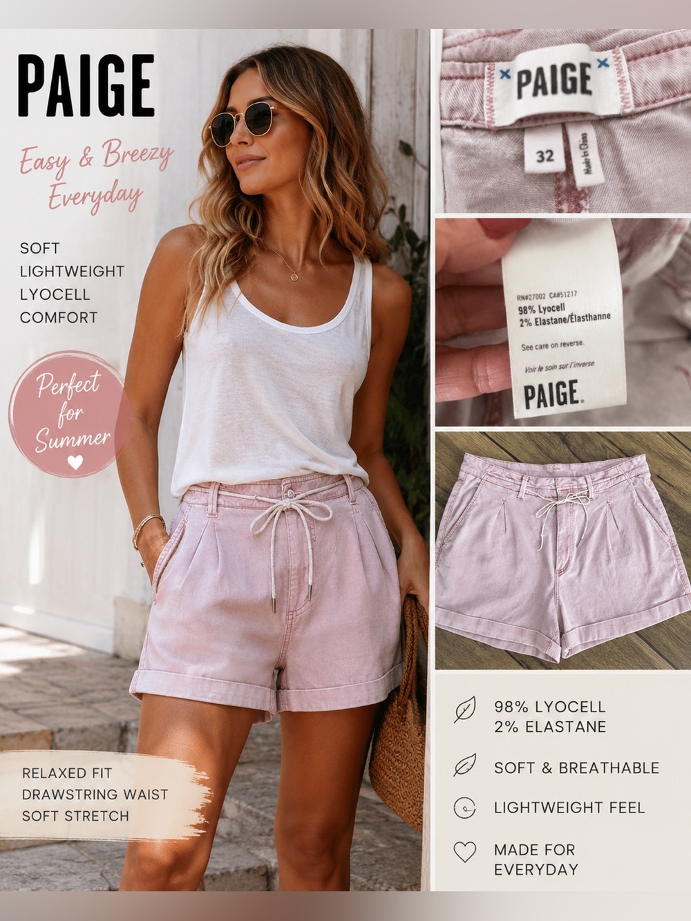 PAIGE Pink Lyocell Drawstring Shorts Size 32 Soft Stretch Casual Summer